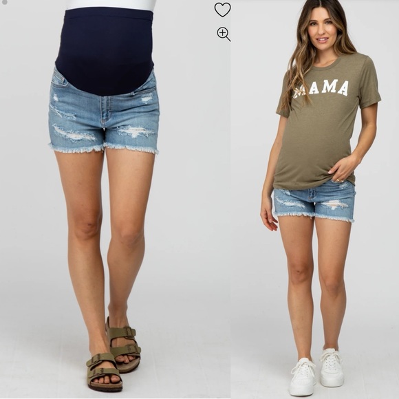 Pinkblush Pants - Pinkblush Light Wash Distressed Full Panel Maternity Raw Hem Jean Shorts
